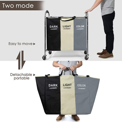 Laundry Basket with Wheels, 240L Laundry Hamper with 3 Section Laundry Bag for Dirty Clothes, Dorm Room Essentials, Towel Organization & Toys Storage Laundry Cart in Laundry Room Organization