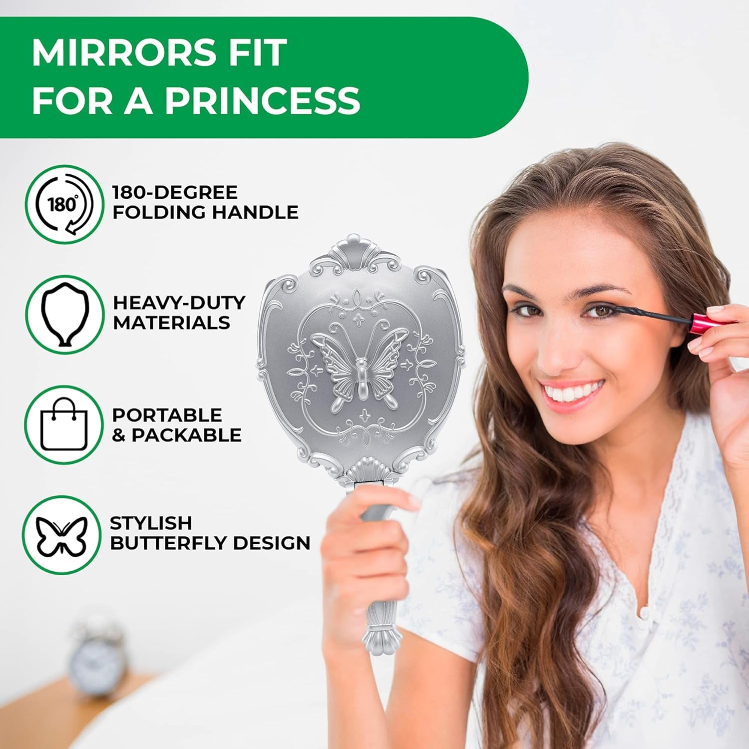 Decorative Hand Held Butterfly Design Mirror | 180 Degrees Full Folding Portable Travel Makeup Mirror (Silver)