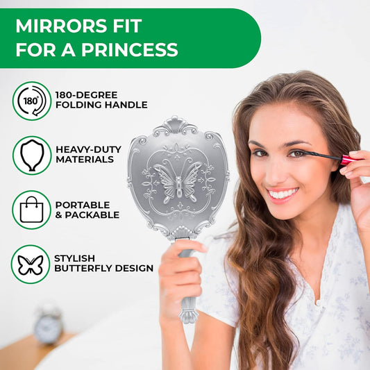 Decorative Hand Held Butterfly Design Mirror | 180 Degrees Full Folding Portable Travel Makeup Mirror (Silver)