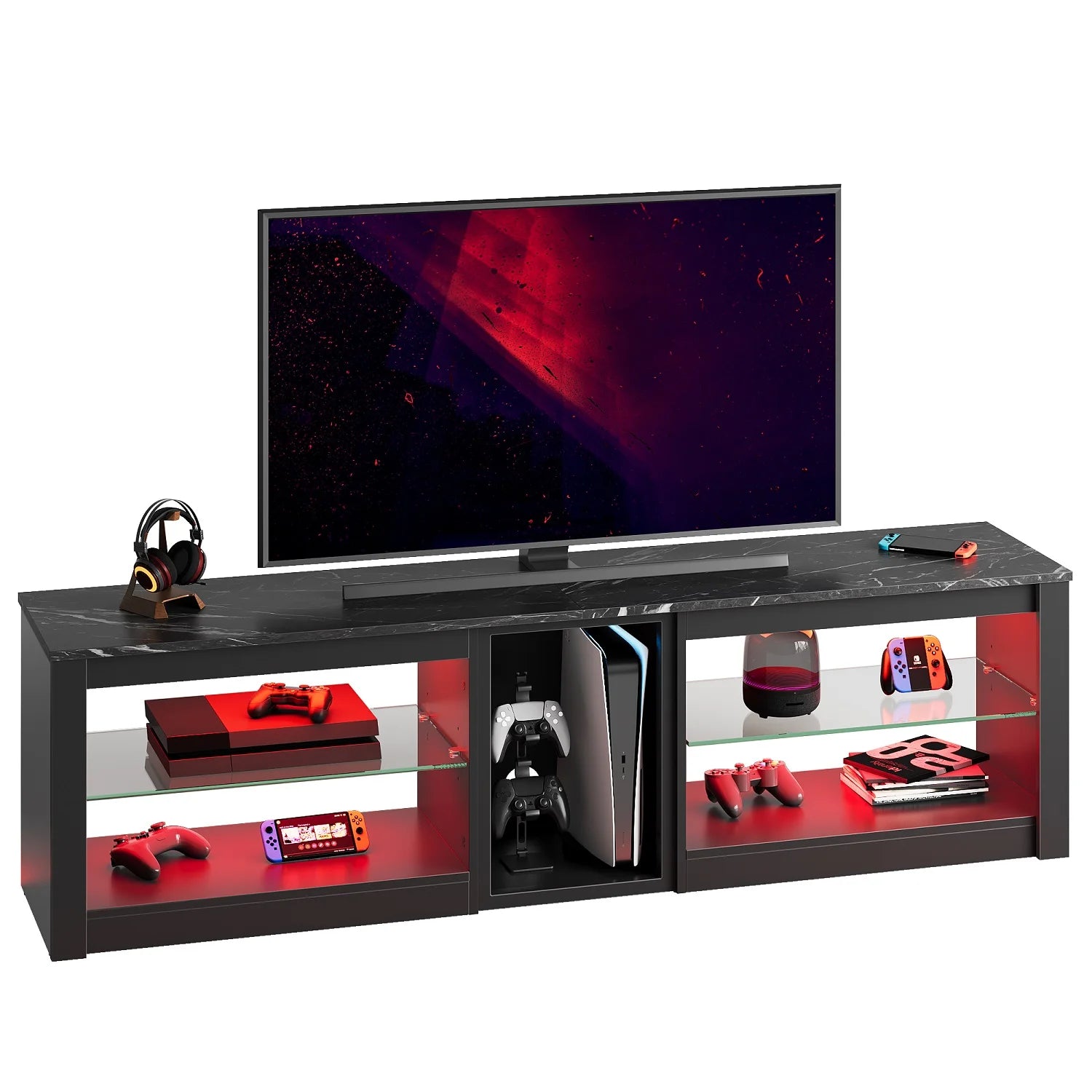 TV Stand for Tvs up to 70" with LED Light, Entertainment Center for PS5 with Shelves, Black Marble