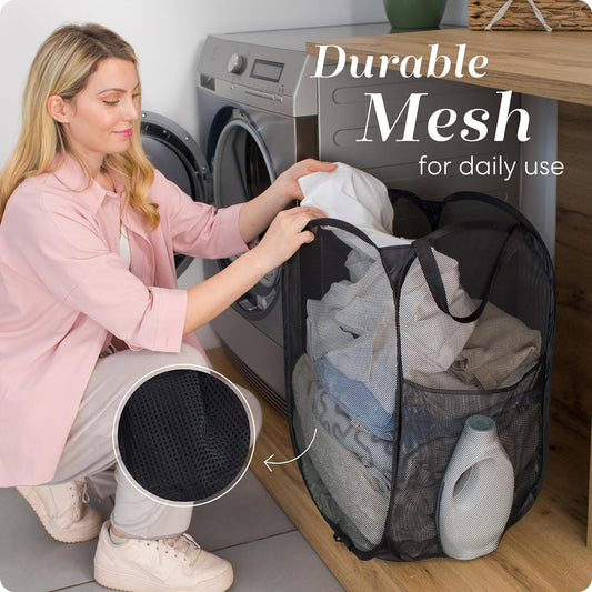 Collapsible Mesh Pop up Hamper with Wide Opening and Side Pocket - Breathable, Sturdy, Foldable, and Space-Saving Design for Clothes and Storage (Black)