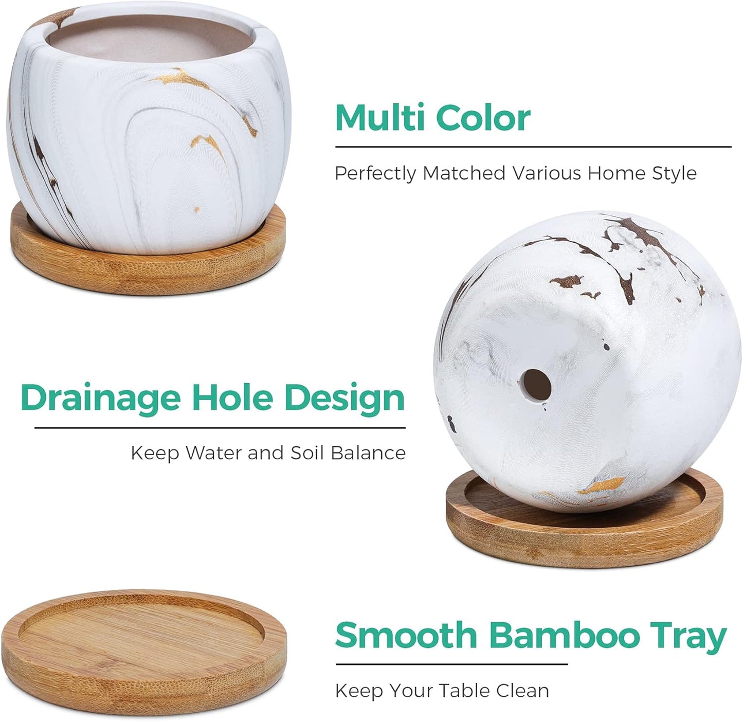 2.5 Inch Succulent Garden Pot with Bamboo Tray, Small Ceramic White and Gold Windowsill Plant Pot Cactus Herb Planter for Home and Office Decoration Birthday Wedding Pack of 6