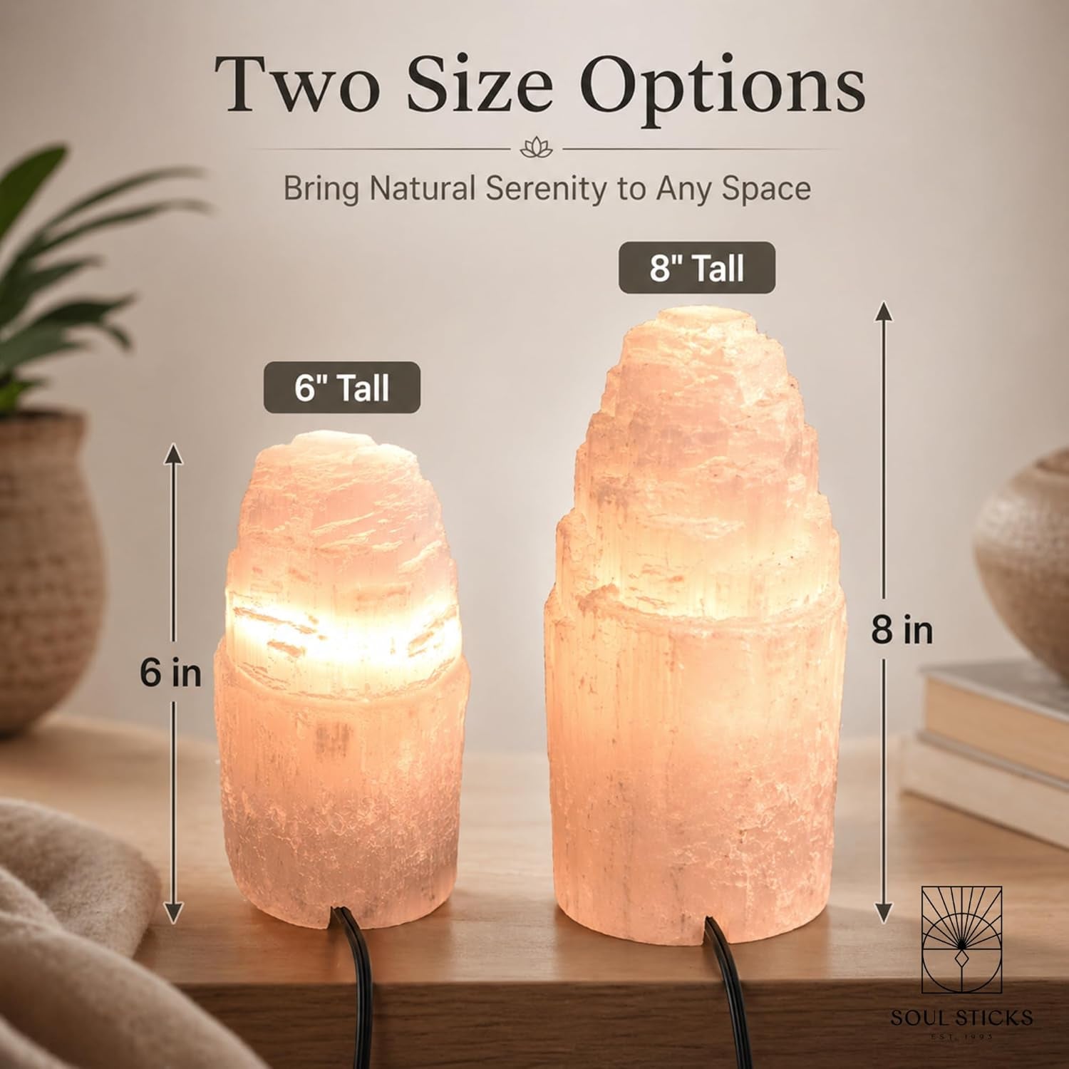 Selenite Crystal Lamp Natural and Made in Morocco | Includes Bulb and Cord with Dimmer Switch | Iceberg Tower Available in 3 Sizes (8 Inch) (6 Inch)