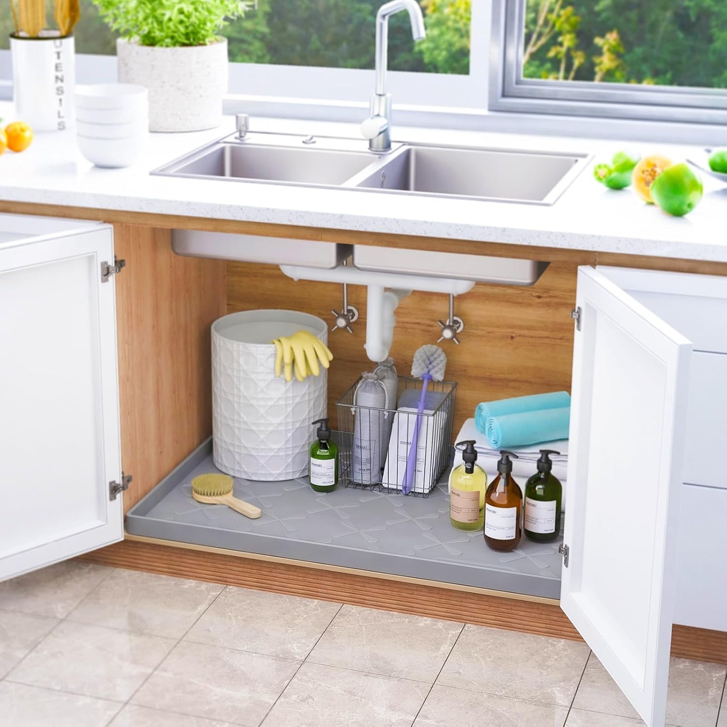 under Sink Mat Waterproof 34" X 22", Silicone Mat Kitchen Drawer Shelf and Cabinet Liner, Sink Protector for Kitchen Organizers and Storage, Boot Tray Pet Food Mats
