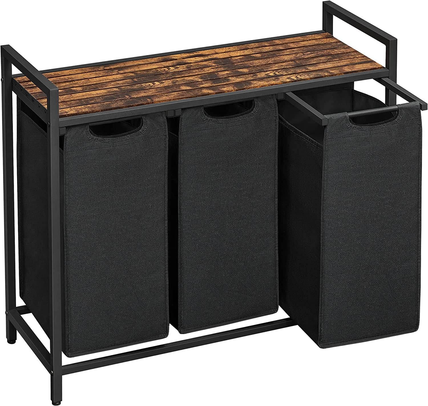 Laundry Hamper, Laundry Basket, Laundry Sorter with 3 Pull-Out and Removable Bags, Shelf, Metal Frame, 3 X 10.6 Gallons (40 L), 36.4 X 13 X 28.4 Inches, Ink Black and Rustic Brown UBLH301B01
