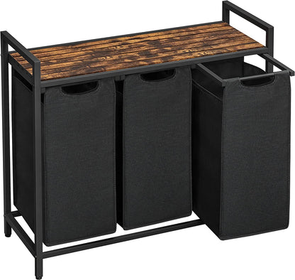 Laundry Hamper, Laundry Basket, Laundry Sorter with 3 Pull-Out and Removable Bags, Shelf, Metal Frame, 3 X 10.6 Gallons (40 L), 36.4 X 13 X 28.4 Inches, Ink Black and Rustic Brown UBLH301B01