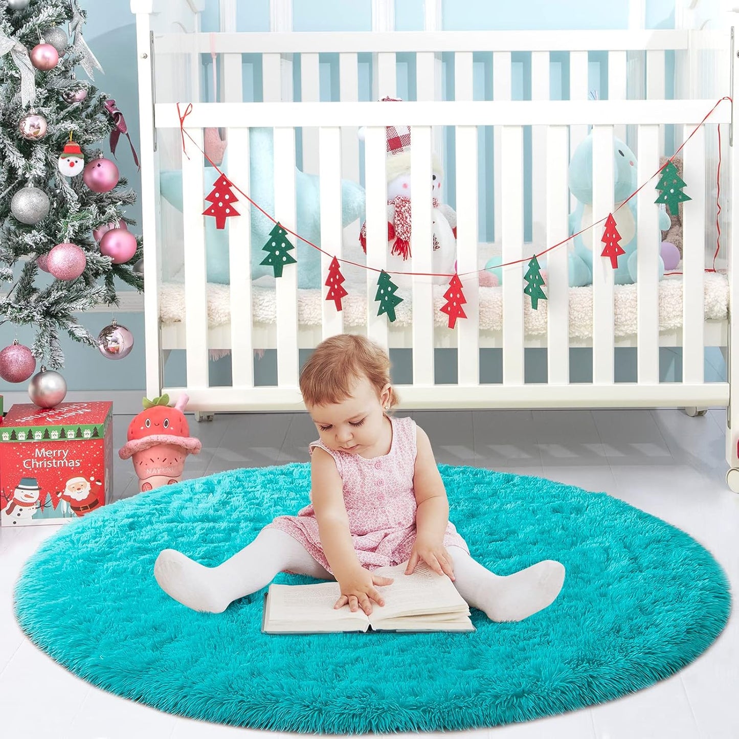 Fluffy round Rug Nursery Rug, Turquoise Blue Circle Rug Kids Rug, 4 X 4 Feet
