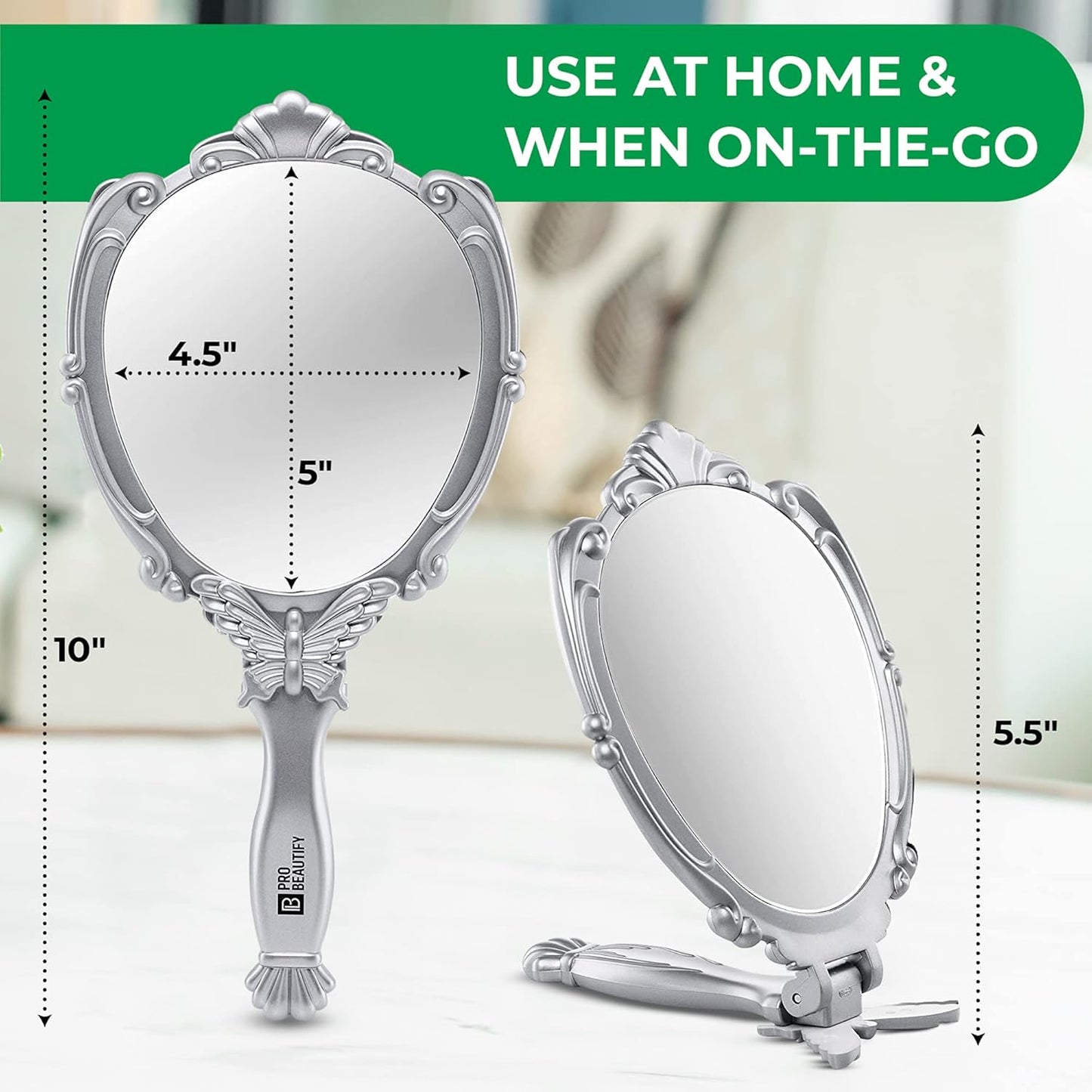 Decorative Hand Held Butterfly Design Mirror | 180 Degrees Full Folding Portable Travel Makeup Mirror (Silver)