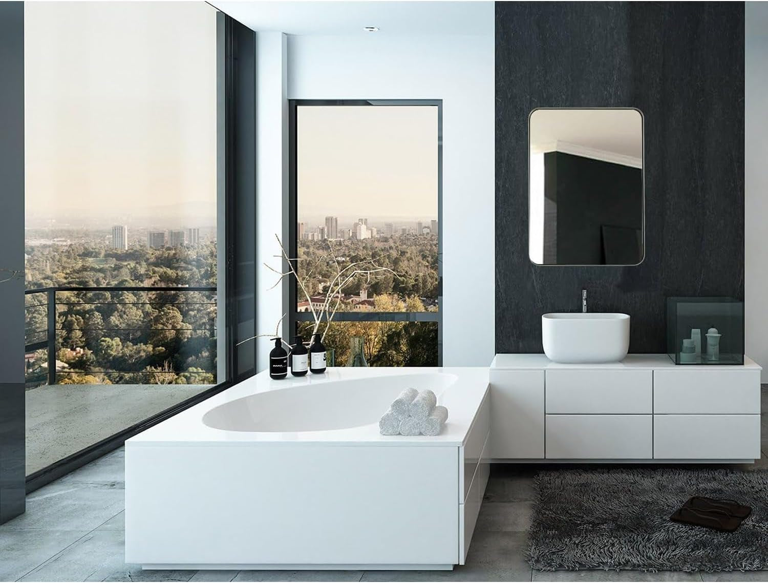 22X30 Inch Metal Silver Frame Bathroom Mirror - Brushed Steel Rectangular Rounded Corner Vanity - 2 Inch Deep Set Design - Large Wall Mirror, Hangs Horizontal and Vertical