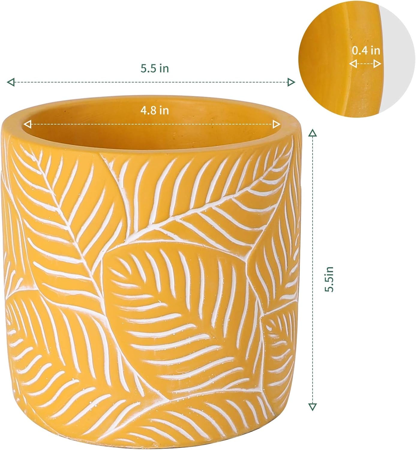 Cement Planter Flower Pot - 4.8" Vintage Indoor Plants Containers Unglazed Medium Bonsai with Drain Hole - Yellow, Leaves Embossment