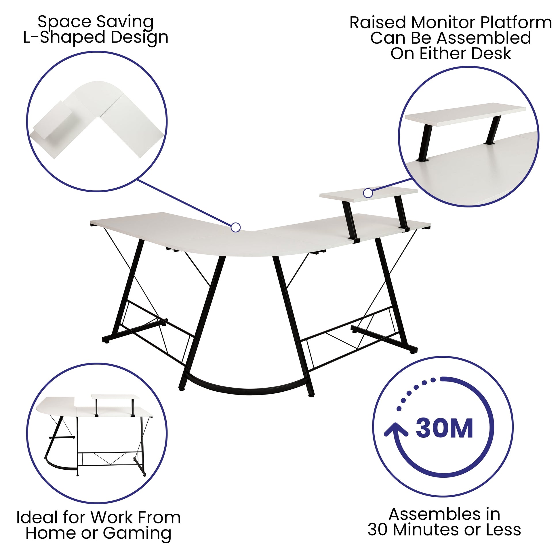 L-Shaped Computer White Desk, Gaming Desk, Home Office Desk, Black Frame