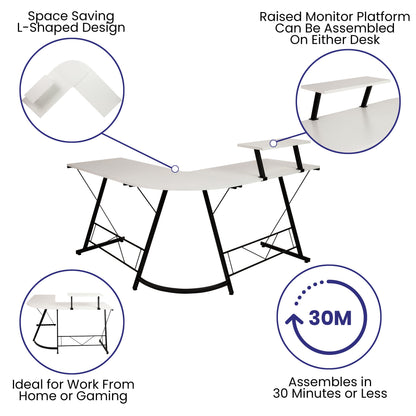 L-Shaped Computer White Desk, Gaming Desk, Home Office Desk, Black Frame