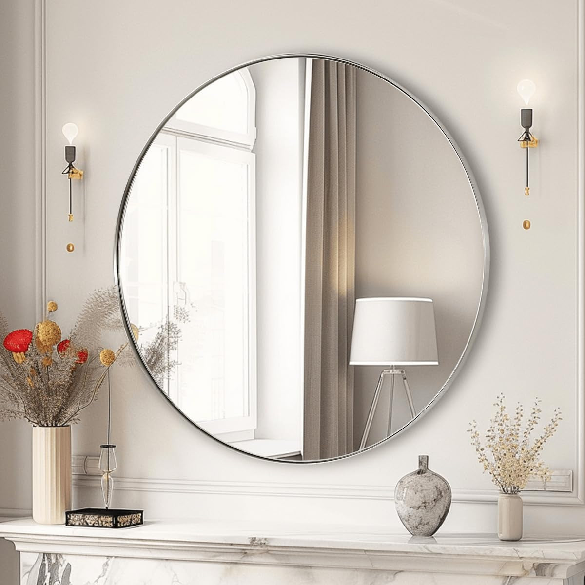 Nickel round Mirror, 26" Brushed Nickel round Mirror, Sliver Circle Bathroom Mirrors in Stainless Steel Metal Frame 1" Deep