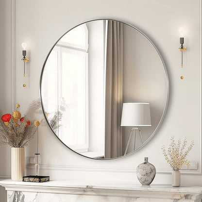 Nickel round Mirror, 26" Brushed Nickel round Mirror, Sliver Circle Bathroom Mirrors in Stainless Steel Metal Frame 1" Deep