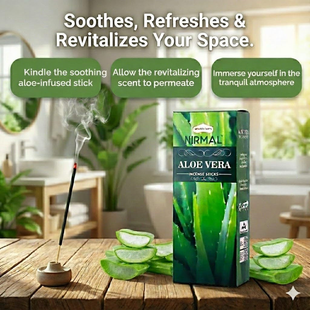 Nirmal Aloe Vera Incense Sticks, Pack of 6 (120 Sticks). Fresh, Clean & Soothing Scent. Perfect for Stress Relief, Relaxation, Yoga & Refreshing Home Fragrance