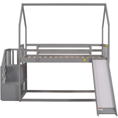 Twin House Bunk Bed with Staircase for Kids Teens Bedroom, Solid Wood Bunk Bed with Storage, Gray