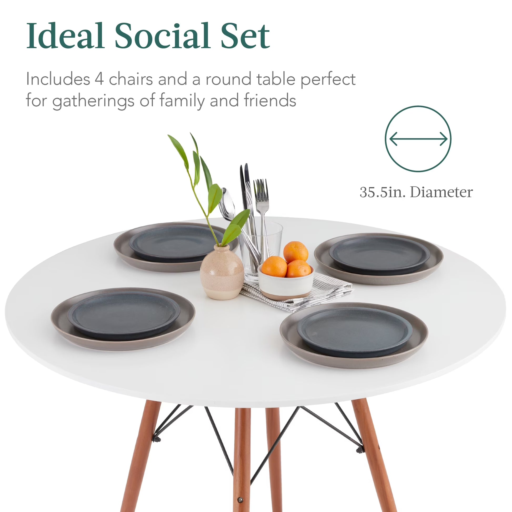 5-Piece Compact Mid-Century Modern Dining Set W/ 4 Chairs, Wooden Legs - White/Walnut