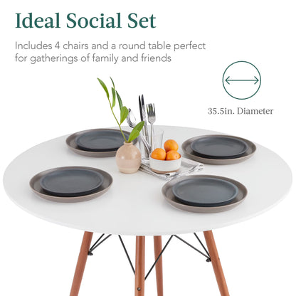 5-Piece Compact Mid-Century Modern Dining Set W/ 4 Chairs, Wooden Legs - White/Walnut