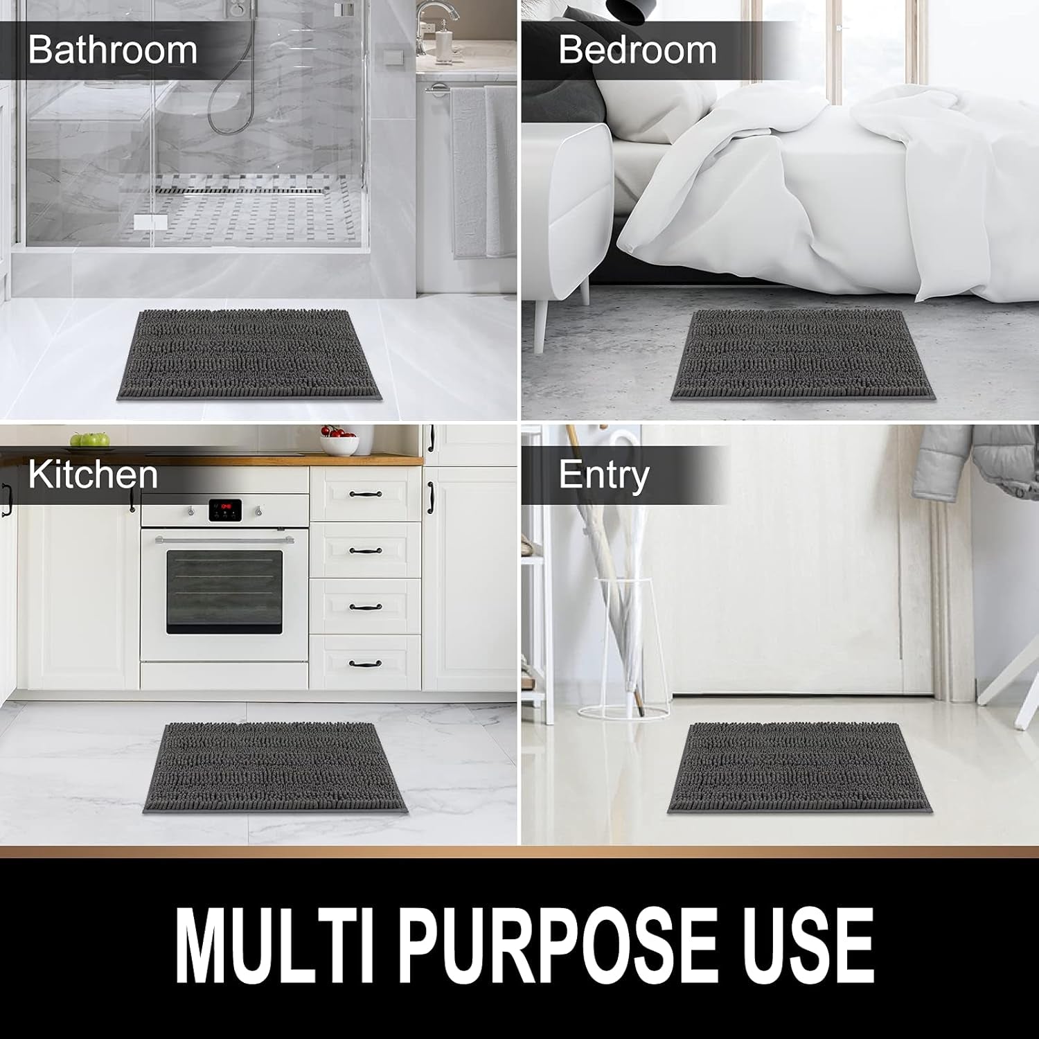 Plush Shaggy Chenille Bath Mat | Extra Soft, Super Absorbent, Non-Slip Bathroom Rug | Fluffy Microfiber, Area Rug Sets for Bathroom Floor, Kitchen, Living Room | 24"X16" | Charcoal Gray