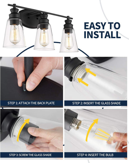 Bathroom Light Fixtures, 22.25 Inch 3-Light Vanity Lights with Clear Glass Shade in Black Finish, MBA99987-3