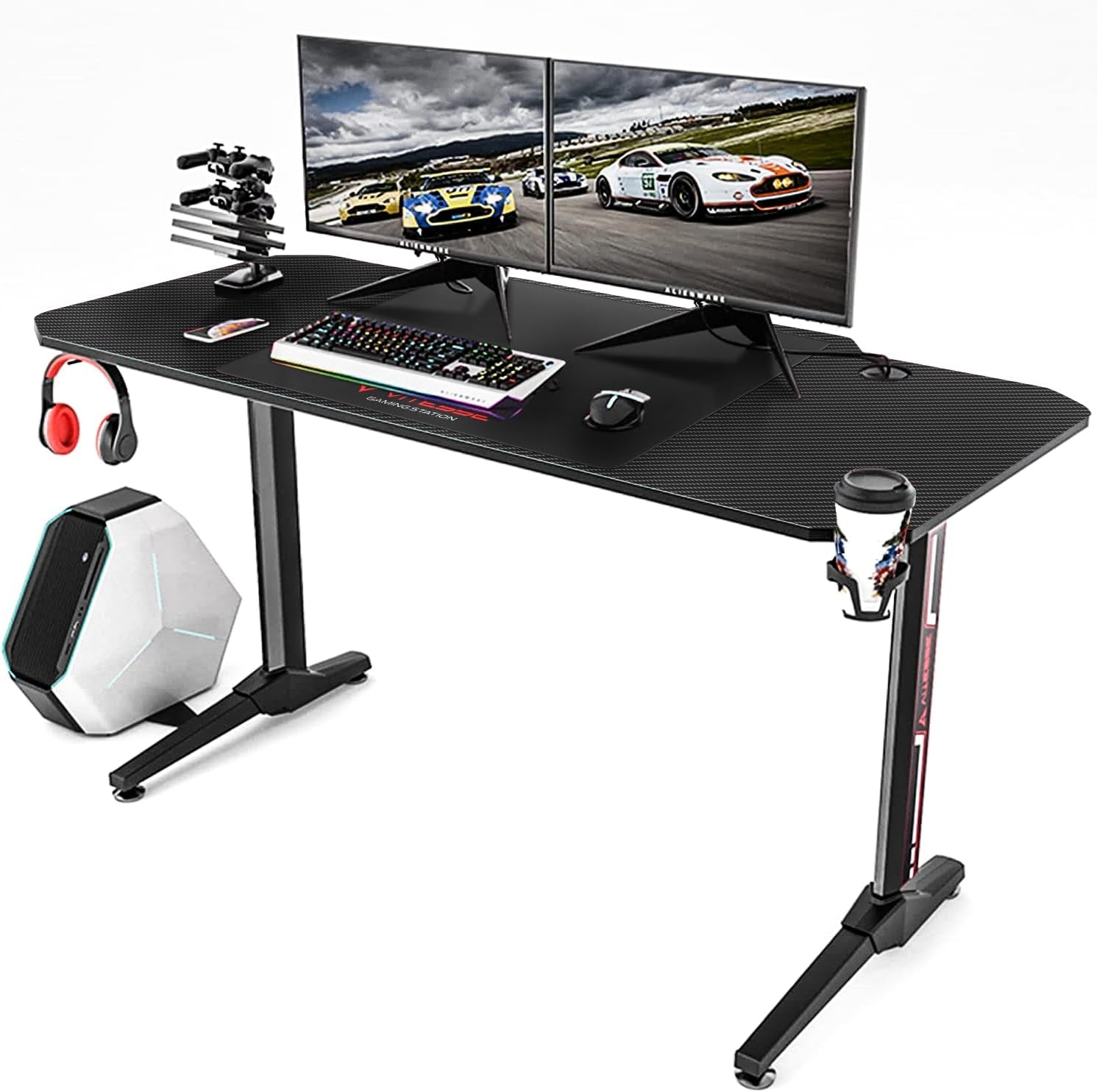 Gaming Desk 55 Inch, Gaming Computer Desk, PC Gaming Table, T Shaped Racing Style Professional Gamer Game Station with Large Mouse Pad, Gaming Handle Rack, Cup Holder…