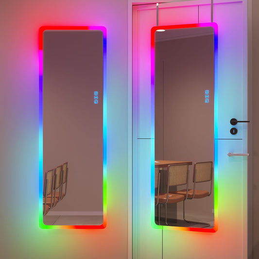 47X16 Full Length Mirror with RGB Lights, LED over the Door Lighted Mirror Full Body, 7 Color Dimming Lighting & 7 Dynamic Mode, Door Hanging/Wall-Mounted (Gift Box Design)