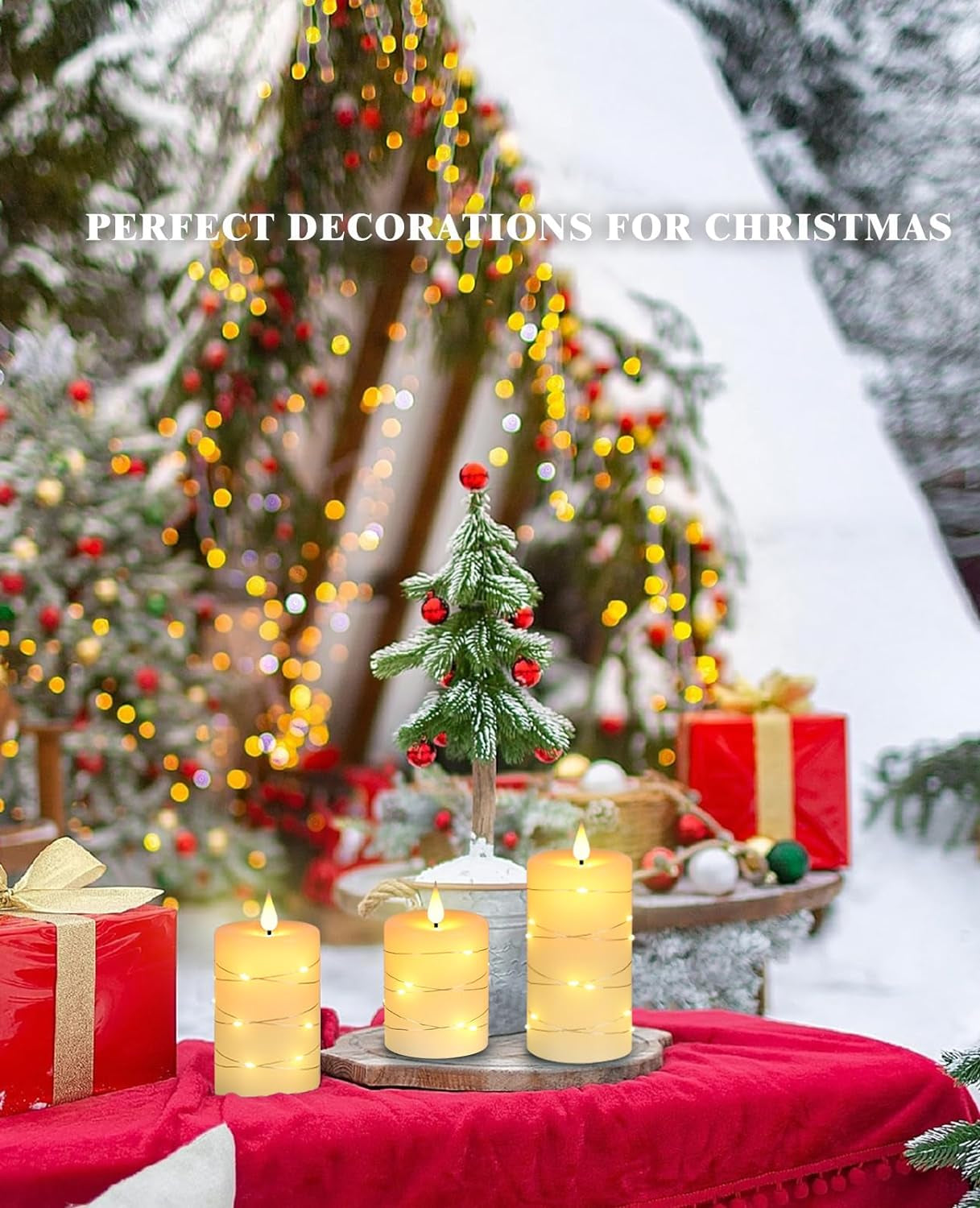 Flameless Candles with String Lights，Battery Operated Candles,Led Flickering Candles with Remote Control and Timer, Real Wax, 3 Pack-Ivory