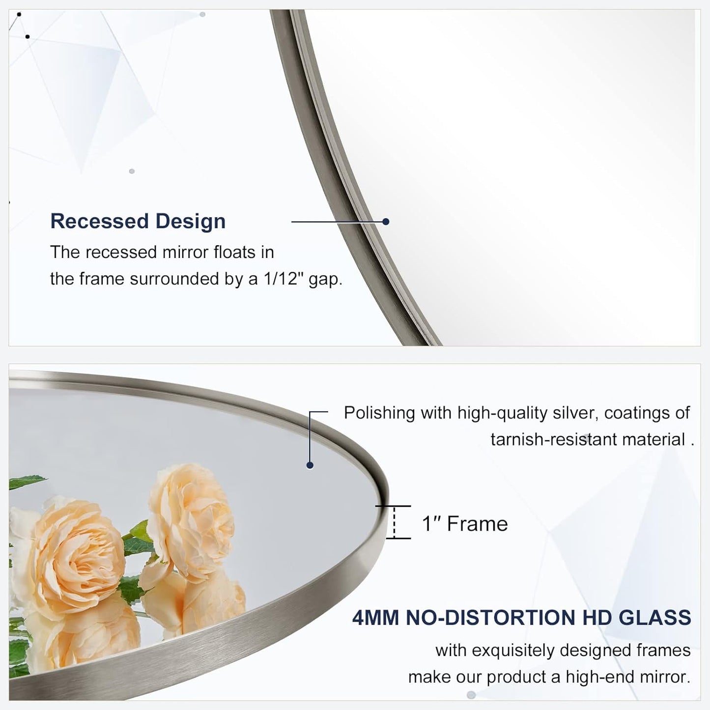 Nickel round Mirror, 26" Brushed Nickel round Mirror, Sliver Circle Bathroom Mirrors in Stainless Steel Metal Frame 1" Deep