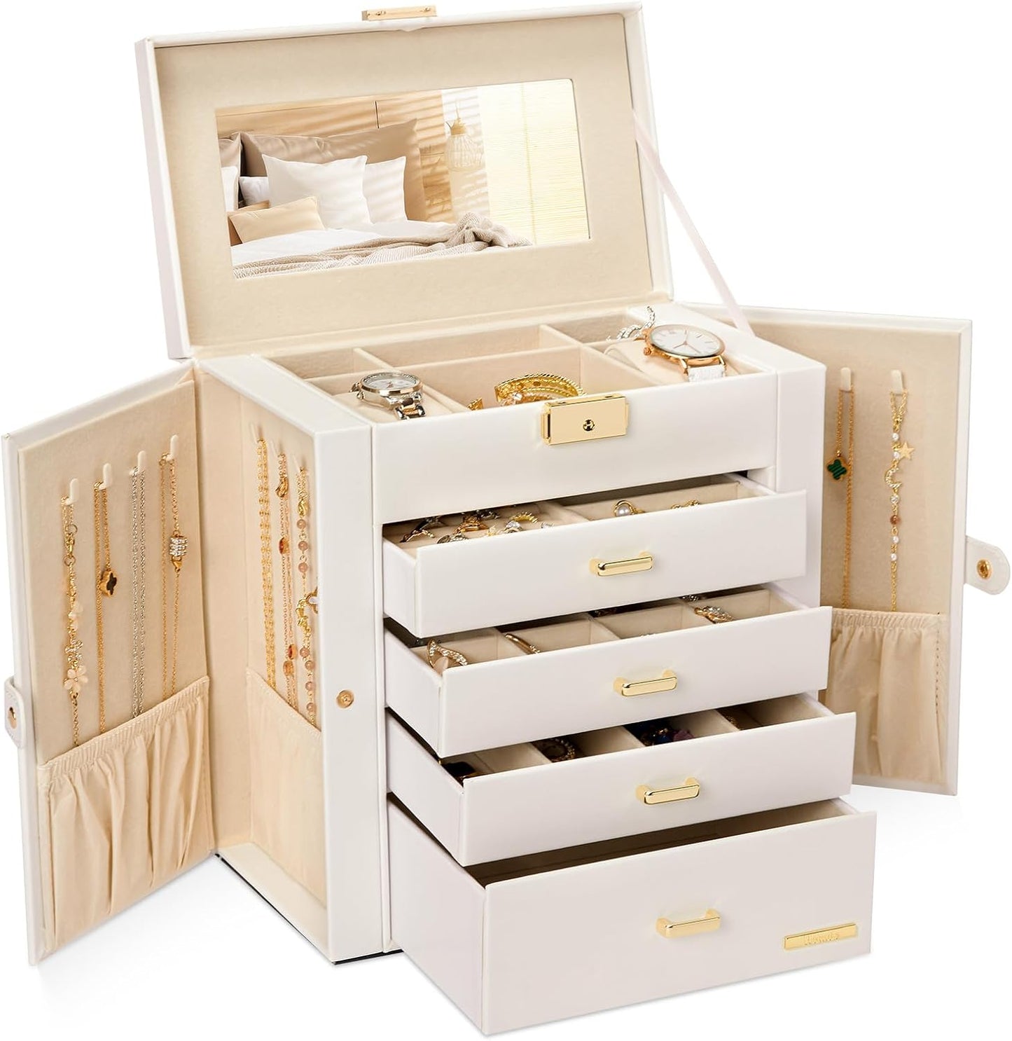Synthetic Leather Huge Jewelry Box Mirrored Watch Organizer Necklace Ring Earring Storage Lockable Gift Case (White + Gold)