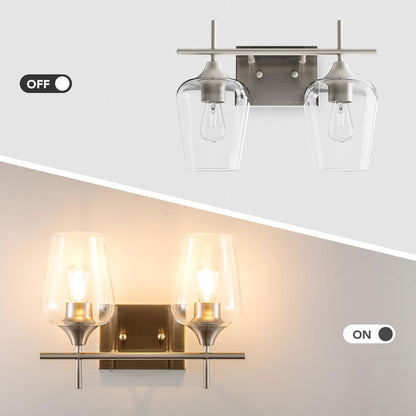 Bathroom Vanity Light, 2 Light Bathroom Light Fixture over Mirror, Bathroom Wall Lamp with Clear Glass, Modern Brushed Nickel Vanity Lighting Fixtures for Bathroom, Bedroom, Hallway