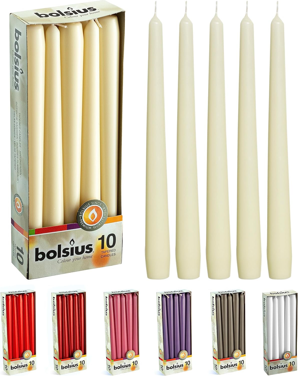 Ivory Taper Candles - 10 Pack Unscented 10 Inch Dinner Candle Set - 8 Hours Burn Time - Premium European Quality - Smokeless and Dripless Household, Wedding, Party, and Home Décor Candlesticks