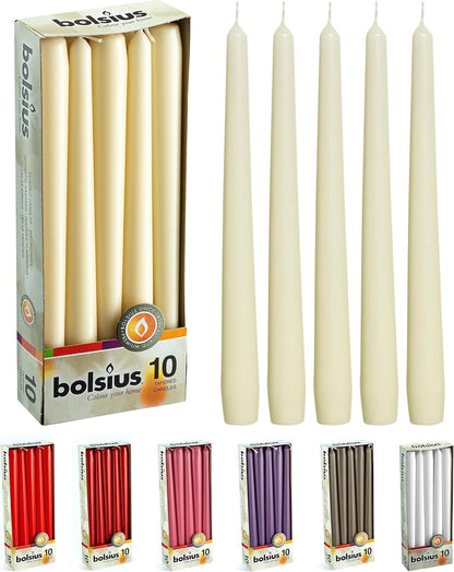 Ivory Taper Candles - 10 Pack Unscented 10 Inch Dinner Candle Set - 8 Hours Burn Time - Premium European Quality - Smokeless and Dripless Household, Wedding, Party, and Home Décor Candlesticks