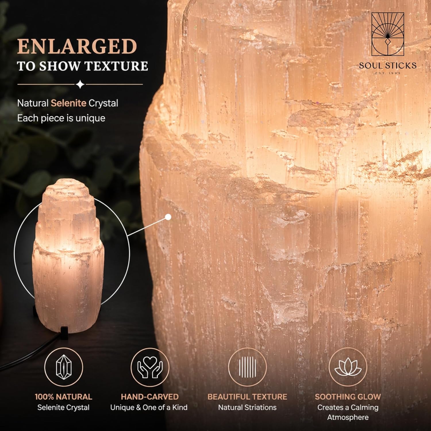 Selenite Crystal Lamp Natural and Made in Morocco | Includes Bulb and Cord with Dimmer Switch | Iceberg Tower Available in 3 Sizes (8 Inch) (6 Inch)