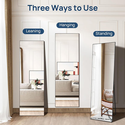 Full Length Mirror - Standing & Leaning, Large Bedroom Mirror with Black Aluminium Frame, 65"X22"