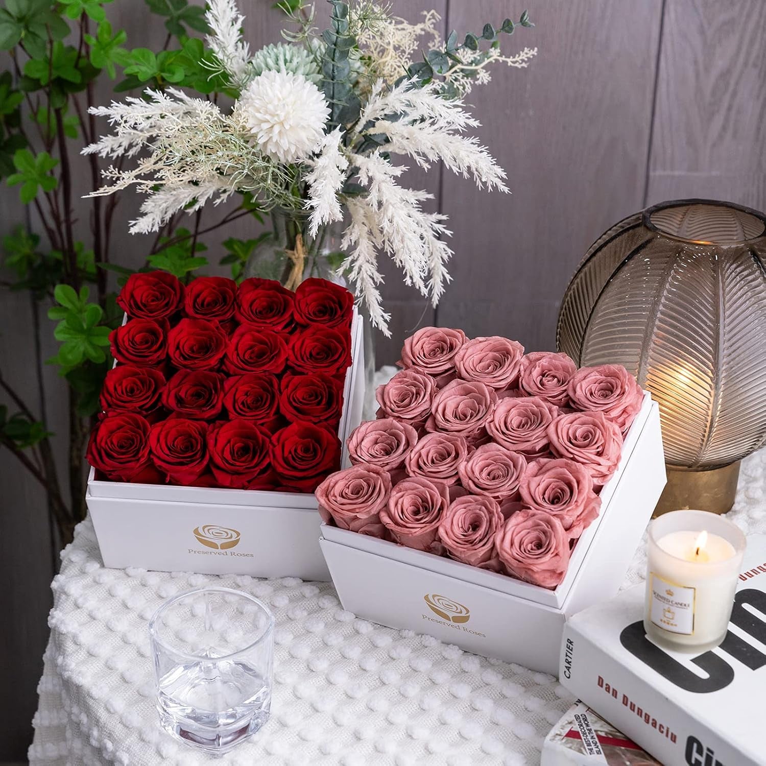 Preserved Real Roses in a Box, Rose Box Gifts for Her, Eternal Roses in a Box, Romantic Gifts for Her, Gift Box for Her/Women/Mother/Friend (16 Pink Roses, Square White Box)