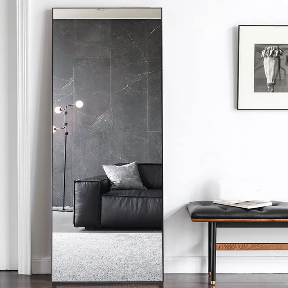 Full Length Mirror Dressing Mirror Standing or Wall Mounted Mirror Aluminum Alloy Frame Mirror for Living Room 65”X 22”(Black)