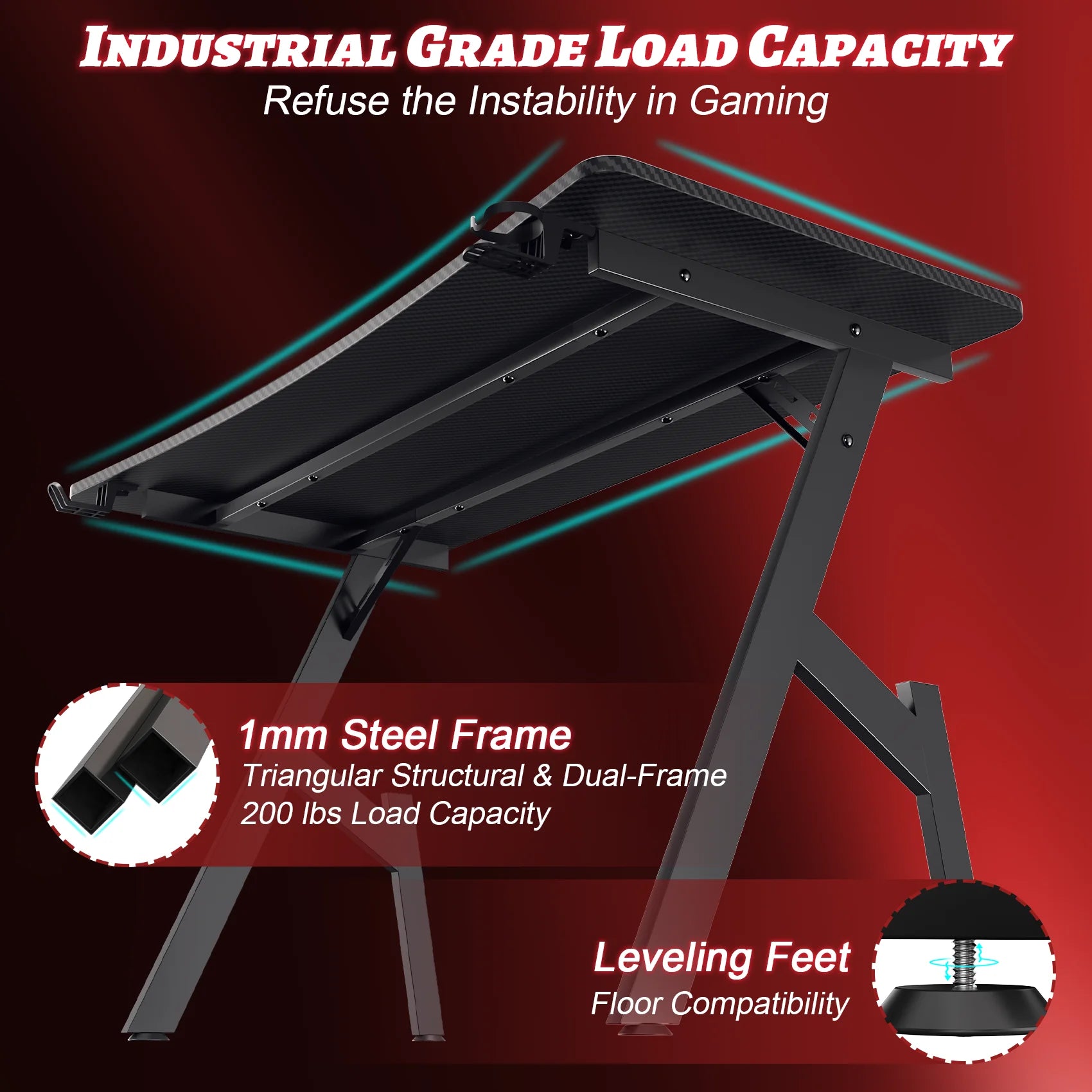 55 Inch Gaming Desk, Ergonomic Gaming Table, Computer Desk with Headphone Hook & Cup Holder