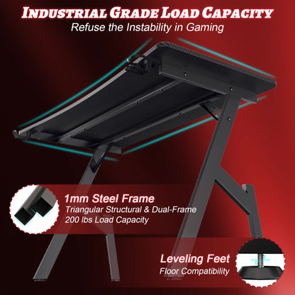 55 Inch Gaming Desk, Ergonomic Gaming Table, Computer Desk with Headphone Hook & Cup Holder