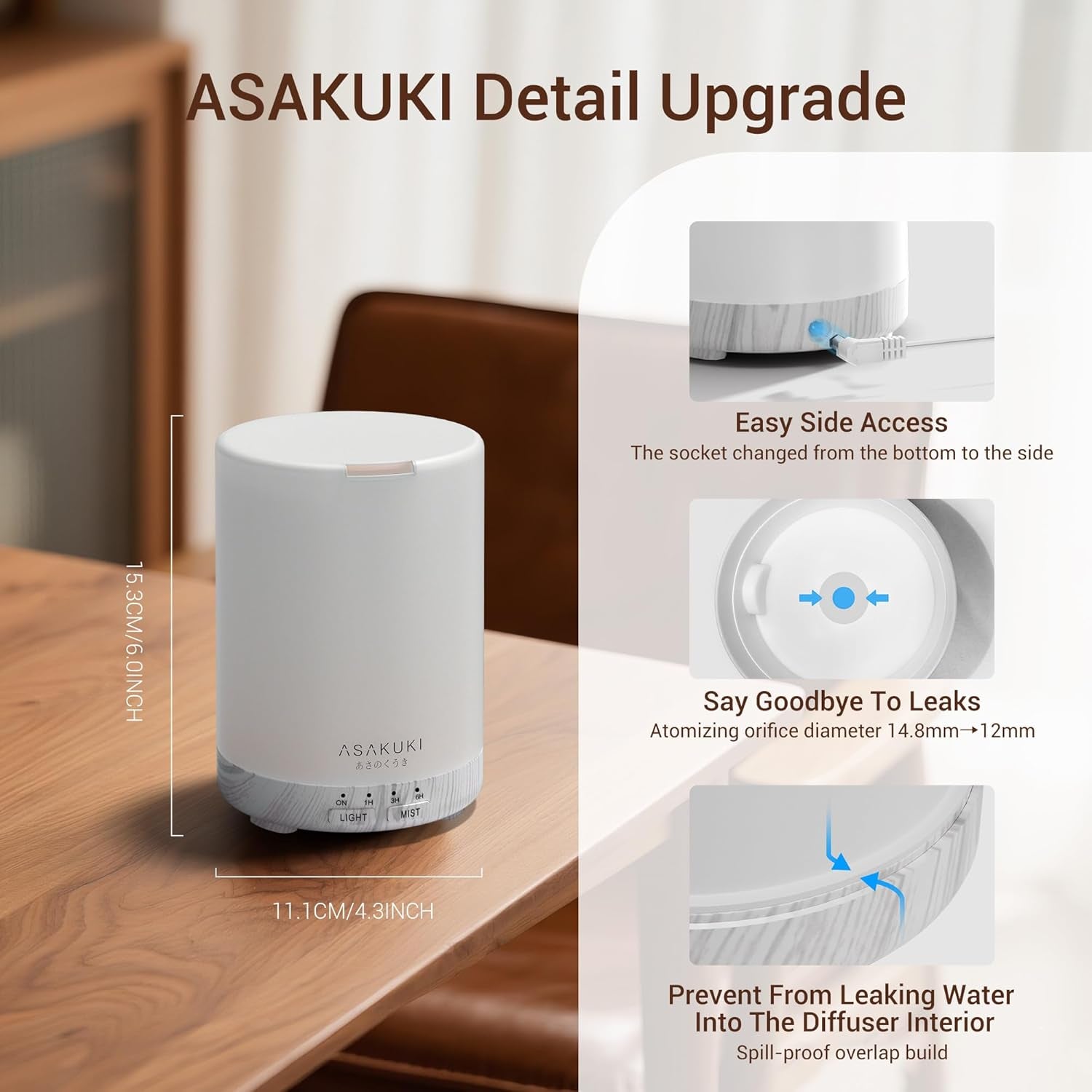 Essential Oil Diffuser for Home, 300 Ml Humidifier with Automatic Shut-Off, Quiet Aromatherapy Diffuser with 7 LED Lights for Living Room, Kitchen, Bedroom, Hotel, Gift for Mom - White Wood