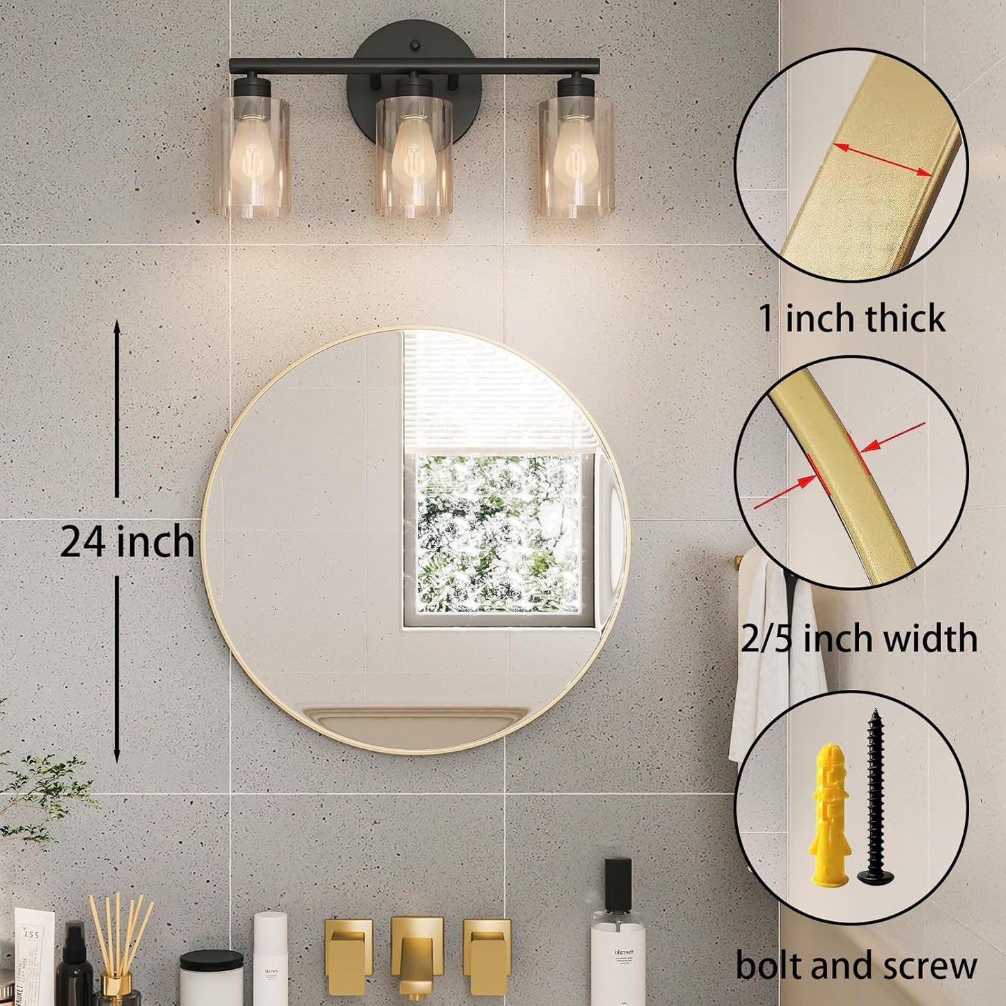 Gold round Mirror, 24 Inch round Bathroom Mirror, Gold Circle Mirror for Bathroom, Wall Decor for Living Room, Entry Way, Bedroom, Metal Framed