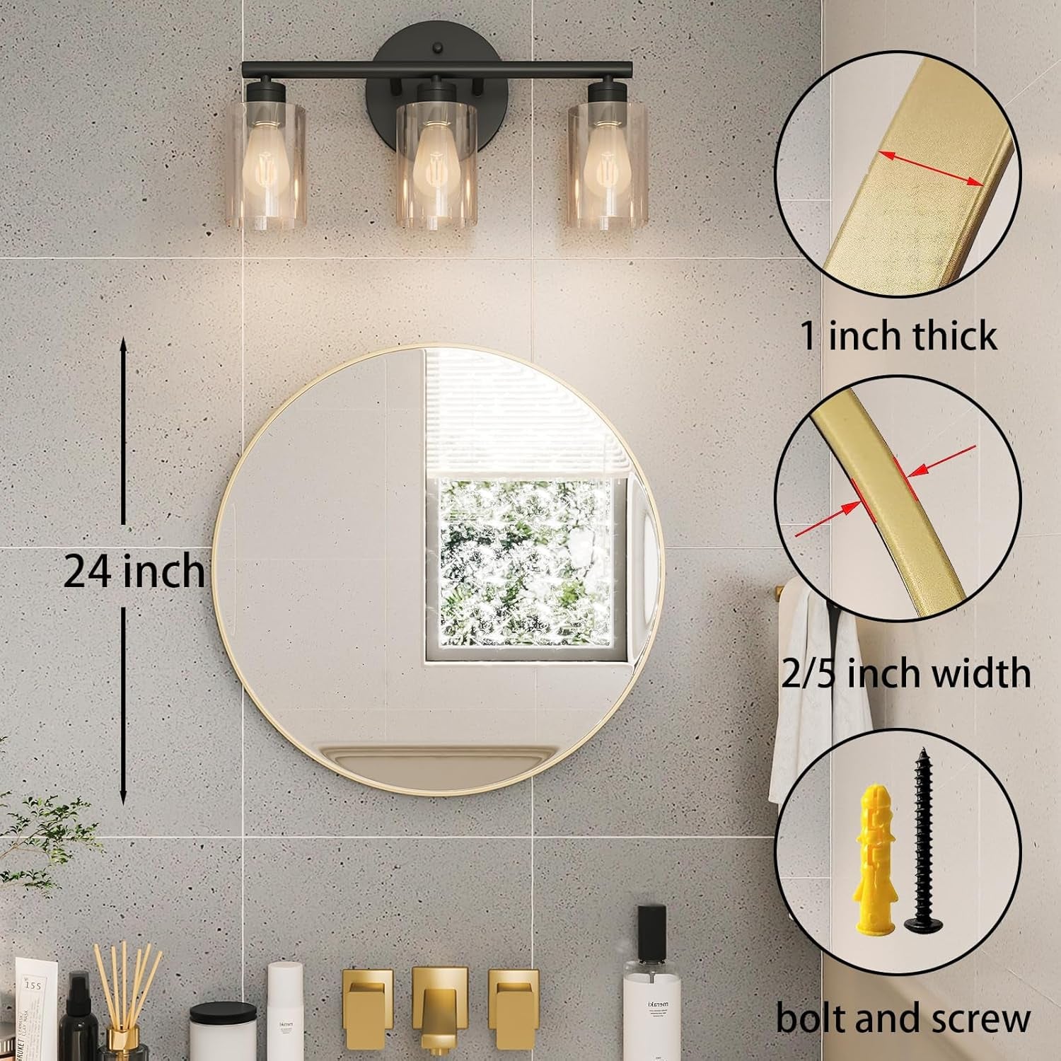 Gold round Mirror, 24 Inch round Bathroom Mirror, Gold Circle Mirror for Bathroom, Wall Decor for Living Room, Entry Way, Bedroom, Metal Framed
