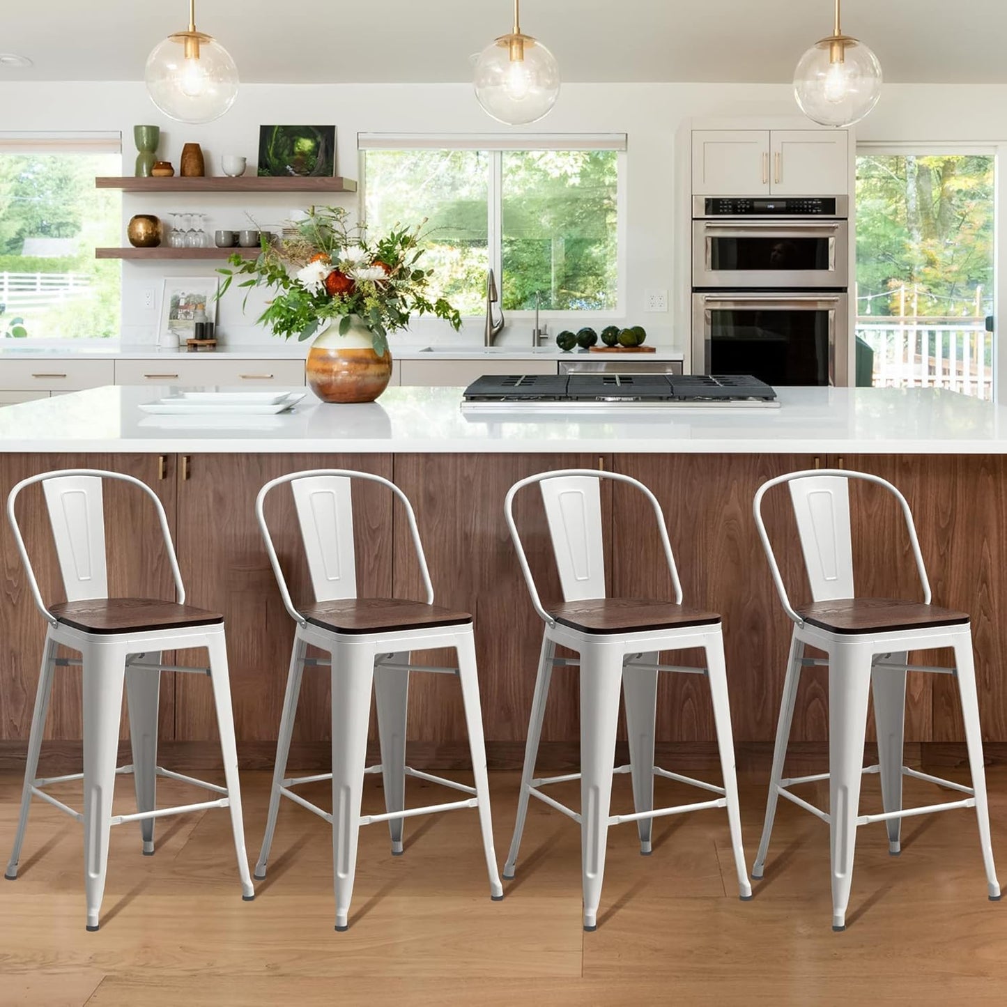 Metal Bar Stools Set of 4,24 Inch Barstools Counter Height Bar Stool with Back Farmhouse Bar Stools with Larger Seat High Back Kitchen Dining Chairs Modern Bar Chairs White Cream Stool