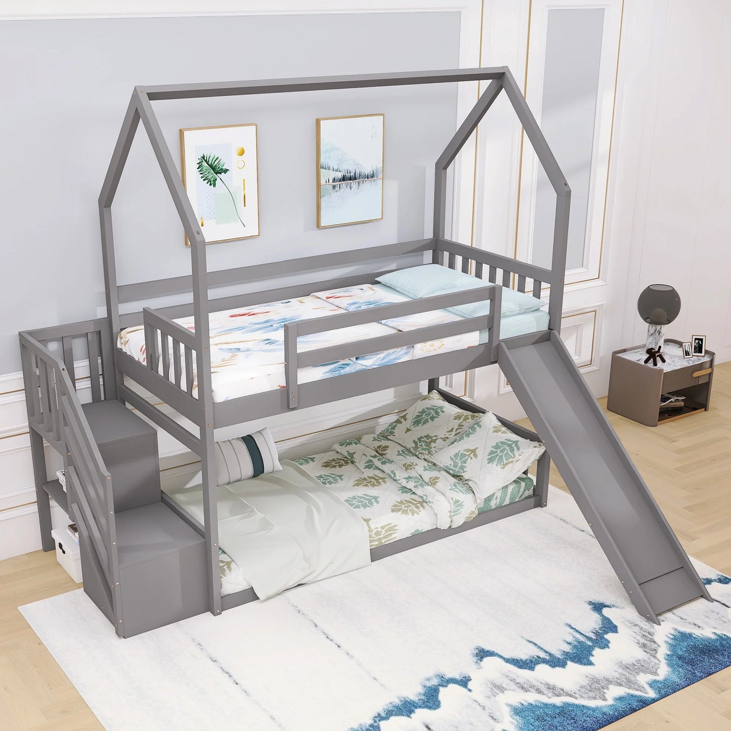 Twin House Bunk Bed with Staircase for Kids Teens Bedroom, Solid Wood Bunk Bed with Storage, Gray