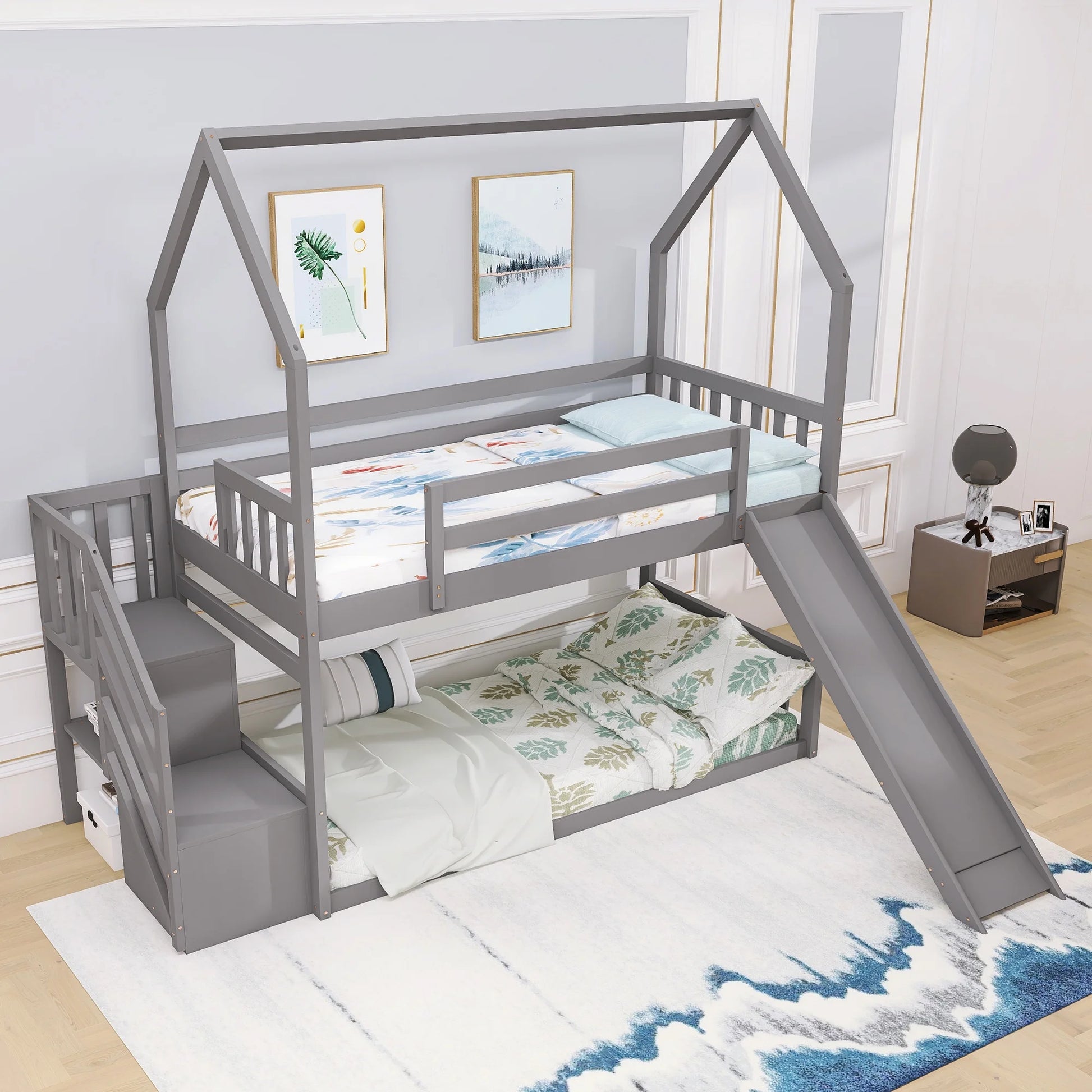 Twin House Bunk Bed with Staircase for Kids Teens Bedroom, Solid Wood Bunk Bed with Storage, Gray