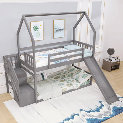 Twin House Bunk Bed with Staircase for Kids Teens Bedroom, Solid Wood Bunk Bed with Storage, Gray