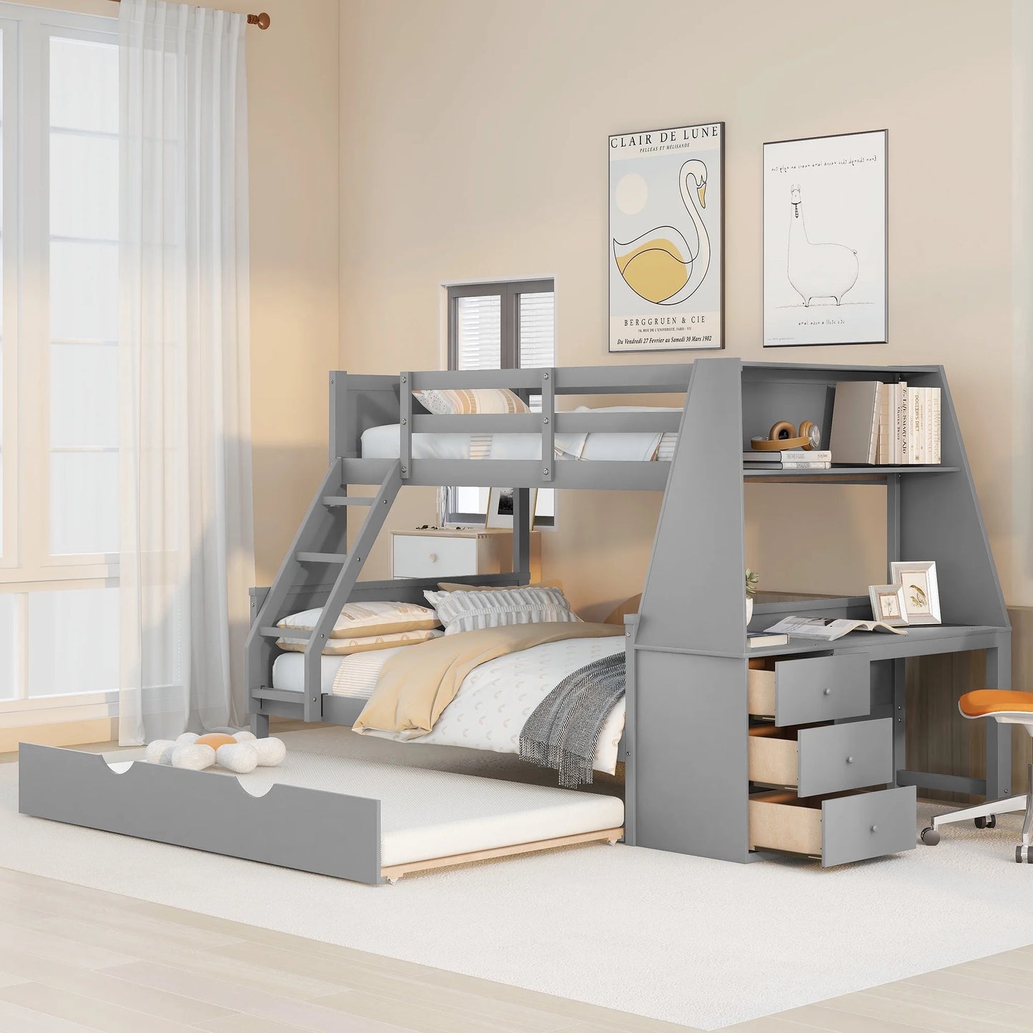 Wood Twin over Full Bunk Bed with Twin Trundle, Built-In Desk with Shelf and 3 Drawers for Kids Teens Adults, 3-In-1 Beds, Gray