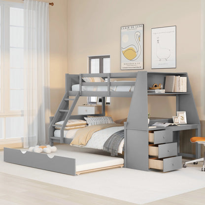 Wood Twin over Full Bunk Bed with Twin Trundle, Built-In Desk with Shelf and 3 Drawers for Kids Teens Adults, 3-In-1 Beds, Gray