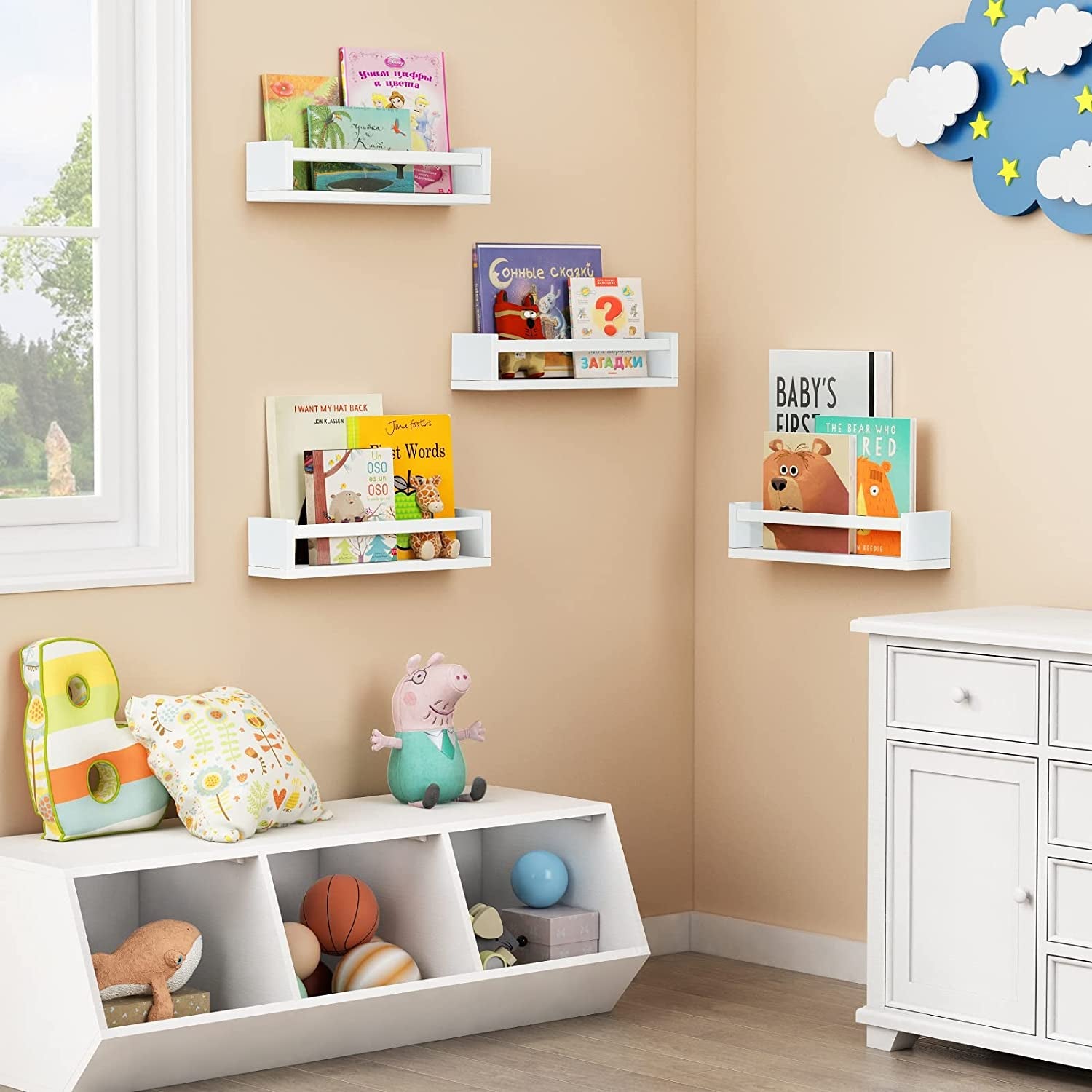 Floating Nursery Book Shelves for Wall Set of 4, Wall Bookshelf for Kids Room, White Wood Hanging Bookshelves Book Shelf for Baby Toddler Childrens Boy Girl Bedoom Toy and Decor Storage