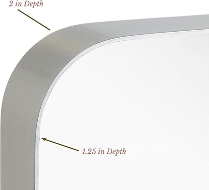 22X30 Inch Metal Silver Frame Bathroom Mirror - Brushed Steel Rectangular Rounded Corner Vanity - 2 Inch Deep Set Design - Large Wall Mirror, Hangs Horizontal and Vertical
