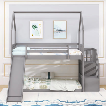 Twin House Bunk Bed with Staircase for Kids Teens Bedroom, Solid Wood Bunk Bed with Storage, Gray